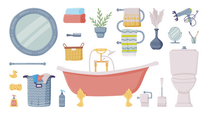 Bathroom or Washroom with Bathtub, Laundry Basket and Mirror with Objects for Personal Hygiene Vector Set