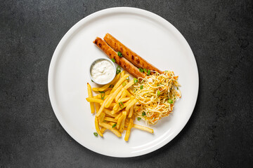 french fries with sausage and sauce