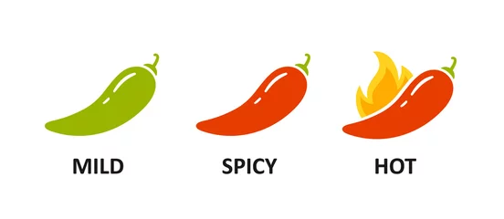 Foto auf Alu-Dibond Spice level marks - mild, spicy and hot. Green and red chili pepper. Symbol of pepper with fire. Chili level icons set. Vector illustration isolated on white background. © Elena Pimukova
