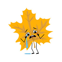 Maple leaf character with crying and tears emotion, sad face, depressive eyes, arms and legs. Forest plant in autumn yellow colour