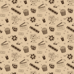 Hand drawn cinema seamless pattern with movie camera, clapper board, cinema reel and tape, popcorn in striped box, film ticket and 3d glasses. Vector illustration in doodle style on sepia background.