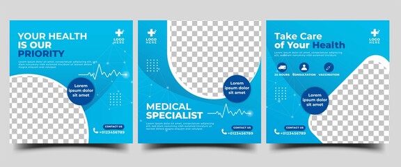 Medical and health care social media post template design. Set of Editable square banner with blue color background, medical ornament, and place for the photo.