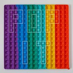 Inscription POP IT  on colorful background. POP IT is a popular silicone toys for children. Letter symbol, design element