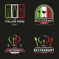 Italian Food Restaurant Logo. Italian flag symbol with Spoon, Fork, and Wine Bottle icons