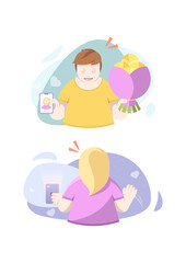 Vector illustration for online dating app users. Flat infographics of man and woman acquaintance in social network.
