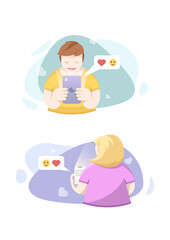 Flat infographics of man and woman acquaintance in social network. Vector illustration for online dating app users.