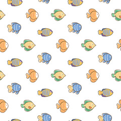 Seamless Pattern with Hand Drawn Cartoon Fish Design on White Background