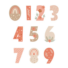 Clipart with numbers and floral elements. Vector illustration.