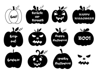 Halloween pumpkin set with lettering and carved faces. Vector illustration.