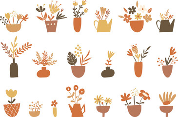 Floral elements and vases clipart set. Vector illustration.