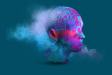 Artificial intelligence concept, human head made of colorful tubes. 3D render / rendering.