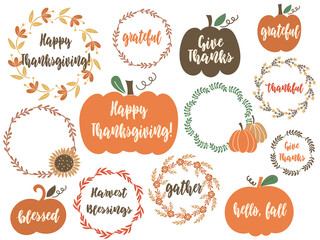 Thanksgiving Day Clipart with Pumpkins, floral elements and greeting quotes. Vector illustration.
