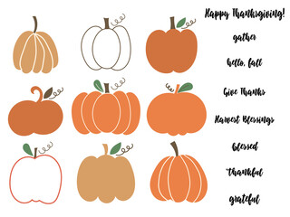 Pumpkin clipart and Thanksgiving Lettering quotes. Vector illustration.