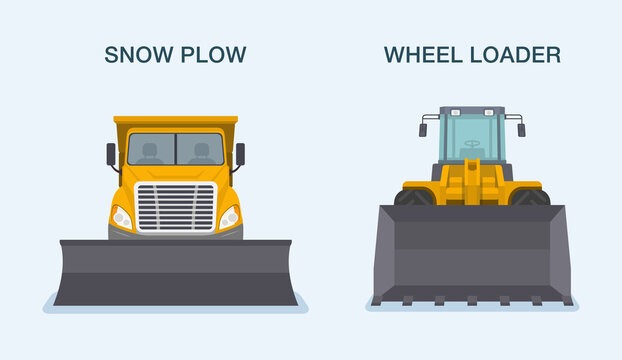 Isolated yellow snow plow and wheel loader truck front view. Flat vector illustration template.
