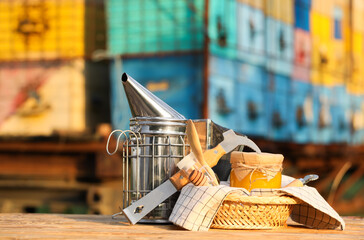 Beekeeping supplies and honey at apiary