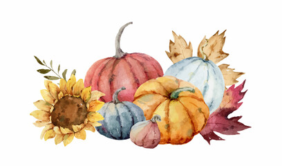 A watercolor vector card for Thanksgiving and Halloween, a greeting arrangement with colorful pumpkins and sunflower.