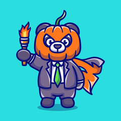 cute halloween pumpkin head panda illustration carrying a torch