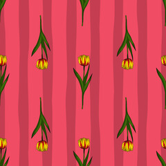 Vector repeat pattern with yellow tulips on red striped background