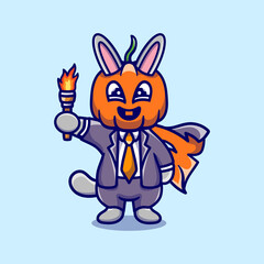 Fototapeta na wymiar cute halloween pumpkin head bunny illustration carrying a torch