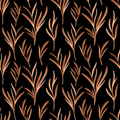 Artistic seamless pattern with abstract leaves. Seamless pattern with plant elements. Orange autumn branches with leaves isolated on black background. Dark botanical ornament in traditional style.