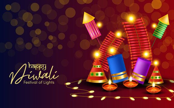 Festival crackers with oil lamps and lights for Happy Diwali