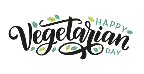 Fotobehang Happy Vegetarian day lettering poster. Festive hand sketched text Happy vegetarian day decorated by leaves. © Екатерина Антипова