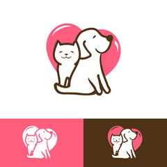 Dog and cat cartoon logo, pets siting with heart background. Love pets symbol for pet store, veterinary, animal shelter, care center. Color variations - 453756019