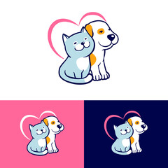 Dog and cat cartoon logo, pets siting with heart shape background. Love pets symbol for pet store, veterinary, animal shelter, care center. - 453756025