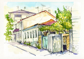 City landscape. Old house, tree, Watercolor. Sevastopol, Crimea. Drawing by hand.