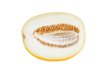 Melon sliced isolated on white background. Half vegetable with seeds.