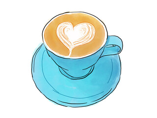 青いコーヒーカップとラテアート