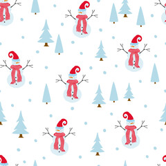 merry christmas and happy new year winter seasonal xmas seamless pattern with snowman and pine trees, endless repeatable textue , vector illustration graphic