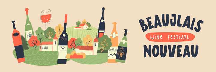 Beaujolais Nouveau festival of new wine. Wine festival. Vector illustration. - 453756863