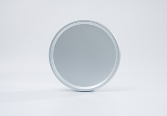 Front view of round metal box isolated on white background, high quality image. 3D rendering.