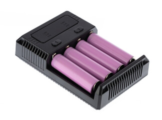 Battery Charger with 3.7V 18650 Lithium Battery Rechargeable isolated on white background - 453757829