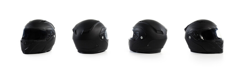 Set collection of black motorcycle helmet on a white background, front, back, side