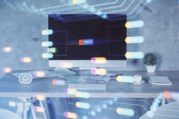 Multi exposure of data theme drawing and office interior background. Concept of technology.