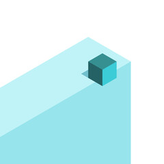 Isometric turquoise blue cube on the edge of cliff or pedestal. Minimalism art, danger, risk and uncertainty concept. Flat design. EPS 8 vector illustration, no transparency, no gradients