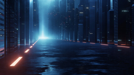 3D Rendering of neon mega city with light reflection from puddles on street heading toward buildings. Concept for night life,  business district center (CBD)Cyber punk theme, tech background  © knssr