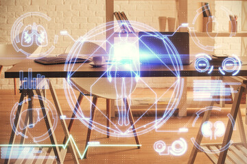 Double exposure of education theme drawing and office interior background. Concept of science.