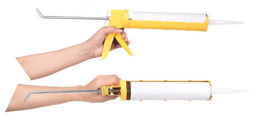 Collection of hand holding Silicone glue gun isolated on white background.