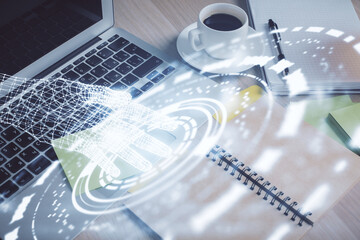 Multi exposure of technology theme drawing and desktop with coffee and items on table background. Concept of data research.
