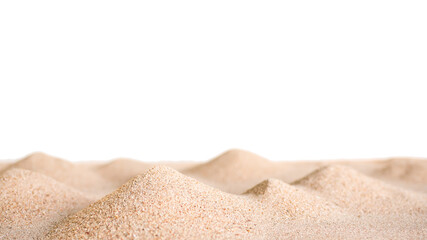 Pile desert sand isolated on white background. dry dunes wave surface beach light yellow nature outdoor at coast shore of sea. for tropical summer travel holidays or environmental protection concept.