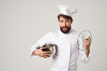 male chef pot in hands work service cooking