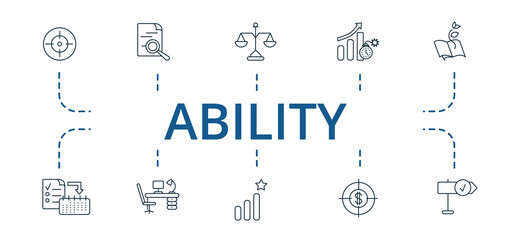 Ability icon set. Contains editable icons theme such as ambitions, stability, quick changes and more.