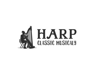 Orchestra logo .silhouette of a man playing the harp logo design template