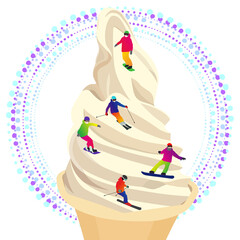 Illustration of skiers and snowboarders skiing in the snowy mountains of soft serve ice cream (vector, cut out)