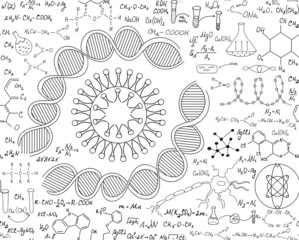 Scientific chemistry vector seamless pattern with handwritten formulas, dna strands and viruses