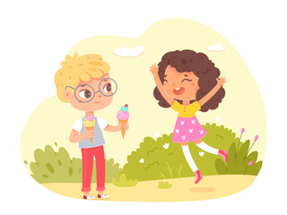 Cute kids eat sweet food, two friends in park, boy holding ice cream to share with girl