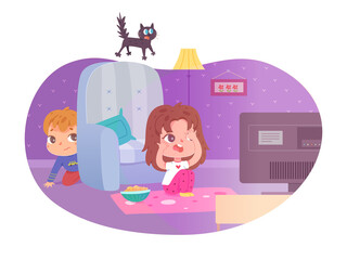 Kids watching scary movie on tv at home. Little boy and girl watch film on television, sitting on floor scared and hiding vector illustration. Leisure and entertainment in childhood